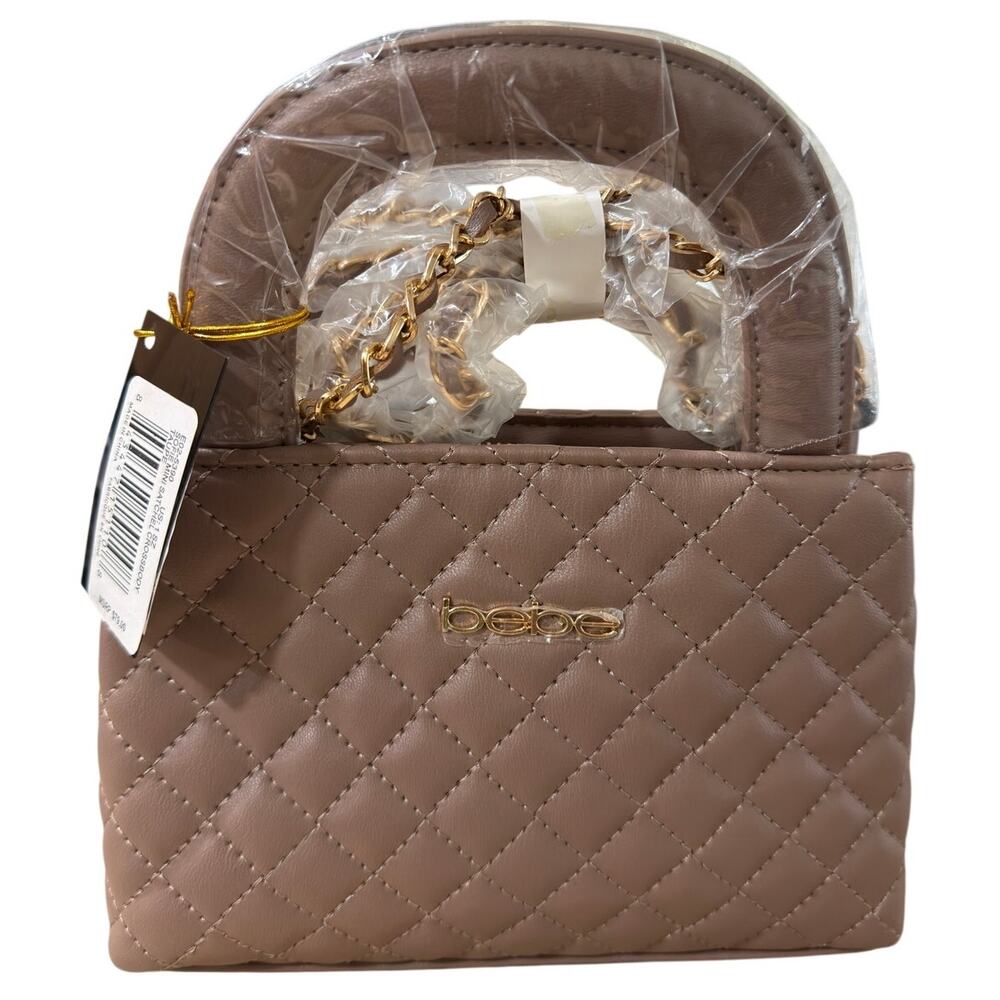 Bebe Sofie Mini Satchel Crossbody Bag Taupe Gold Chain Top Handle NWT
